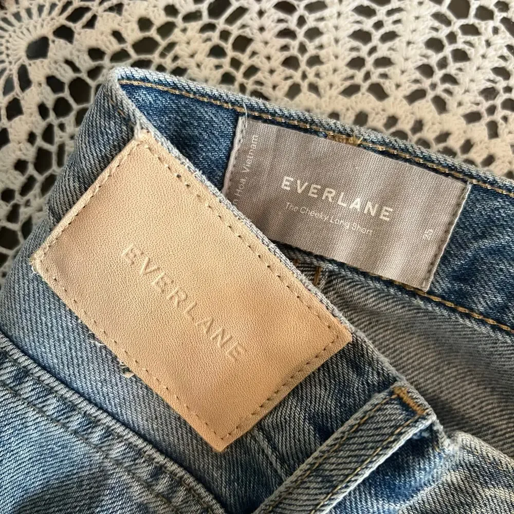 EVERLANE The Cheeky Long Short Light Wash Jorts Dad Denim Shorts Button Fly 25